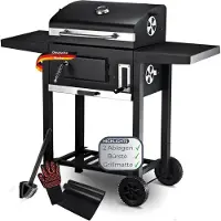 DELUKE Holzkohlegrill mit Deckel OLLI [Inkl. Grillmatte, Bürste & Handschuhe] Grillwagen Edelstahl-Griff Standgrill Kohlegrillwagen