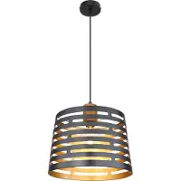 Globo Lighting Hängeleuchte Metall schwarz matt, Holz naturfarben, Metall schwarz matt, goldfarben, Kabel PVC schwarz, Höhe kürzbar, ø: 350mm, H: 1200mm, exkl. 1x E27 60W 230V