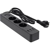 InLine Steckdosenleiste, 3-fach Schutzkontakt, ÜSS und QC3.0, schwarz, 1,5 m, Typ F, 1,5 mm², Schwarz, Kunststoff, 3 AC-Ausgänge