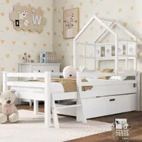 Merax Kinderbett 90x200cm mit Leiter und Schubladen, Hochbett mit Rausfallschutz und Lattenrost, Hausbett Kinderhaus Jugendbett Kieferholzbett, Weiß