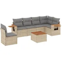 vidaXL 7-tlg. Garten-Sofagarnitur mit Kissen Beige Poly Rattan