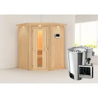 Karibu Sauna Innensauna Nanja Eckeinstieg Ofen 3,6 kW -Ofen externe Strg. easy 165x165x202 cm mit Dachkranz mit Energiespartür