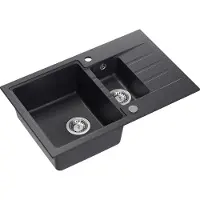 Quadron Spülbecken 1,5-Becken Spüle | Größe: 78 x 50 x 20 cm | PETER 156 | Küchenspüle Granitspüle aus GraniteQ mit Siphon | Schwarz & Stahl