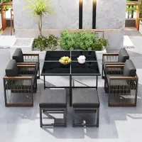 SUCCESS COURIER 7-teiliges Esstisch- und Stuhlset für den Außenbereich für 6 Personen, Tisch aus gehärtetem Glas, Handläufe aus Kunststoff und Holz, geeignet für Mahlzeiten im Hinterhof, Gartenterrasse
