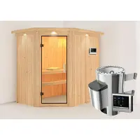 Karibu Sauna Innensauna Saja Eckeinstieg Ofen 3,6 kW externe Strg.easy 210x165x202 cm mit Dachkranz mit Klarglastür