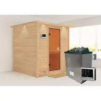 Karibu Sauna Innensauna Mojave Fronteinstieg Ofen 9 KW externe Strg easy 224x210x206 cm mit Dachkranz mit Bronzierter Tür