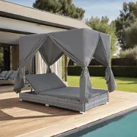vidaXL Sonnenliege 1 Person, Outdoor-Lounge-Bett mit Vorhängen Poly Rattan Grau - Liegestuhl CC26407