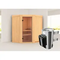 Karibu Sauna Innensauna Tonja Eckeinstieg Ofen 3,6 kW intgr. Strg 170x151x198 cm ohne Dachkranz mit Klarglastür