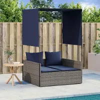 vidaXL Möbel Doppelte Sonnenliege mit Dach und Vorhängen, grau, Polyrattan - Gartenliegen CC4070