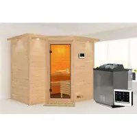 Karibu Sauna Innensauna Sahib 2 Eckeinstieg Ofen 9 kW externe Strg easy 264x198x214 cm mit Dachkranz mit Bronzierter Tür