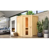 Karibu Sauna Innensauna Nanja Eckeinstieg Ofen 3,6 kW externe Strg.easy 151x151x198 cm ohne Dachkranz mit Energiespartür