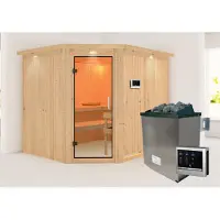Karibu Sauna Innensauna Malin Eckeinstieg Ofen 9 KW externe Strg easy 245x210x202 cm mit Dachkranz mit Klarglastür