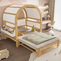 STILVORA Kinderbett 140x200cm mit Matratzer Dachbett mit Erweiterbares Gewölbtes Schiebebett Tagesbett mit Kleine seitliche Ablagefläche Kiefer+MDF, Weiß+Natur, Kiefer+MDF, Weiß+Natur