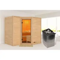 Karibu Sauna Innensauna Sahib 2 Eckeinstieg Ofen 9 kW integr. Strg 236x184x208 cm ohne Dachkranz mit Bronzierter Tür