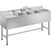Vevor Spülbecken mit 3 Becken & 2 Abtropfflächen & Spritzschutz, Küchenspüle (1524 x 470 x 838 mm), Küchenspüle für Restaurants Imbisswagen Privaten Gebrauch, Edelstahlspüle mit Wasserhahn