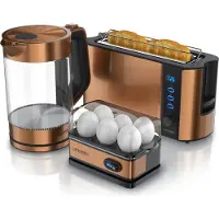 Arendo Frühstücks-Set kupferfarben, Eierkocher für 6 Eier, 1,7l Wasserkocher, Edelstahl Langschlitz Toaster