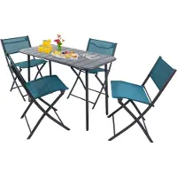 VCM 5-teilig Balkonmöbel Set, Gartentisch 110x55 cm mit 4 Klappstühlen, Metall & Textilene, wetterbeständig, platzsparend für Balkon & Terrasse, Sumila
