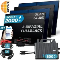 SUNNIVA 2000W Balkonkraftwerk BIFAZIAL FULLBLACK komplett Steckdose TSUN 800W Wechselrichter, PV Solaranlage, 5m Kabel, Bluetooth WIFI
