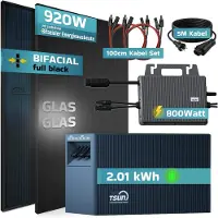 SUNNIVA 920W Balkonkraftwerk mit 2,01 kWh Speicher TSUN TSOL-DCU2000Lite, 2x 460W BIFAZIAL FULLBLACK komplett Steckdose, Solaranlage + Solarspeicher