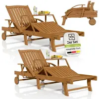 Juskys 2er Set Sonnenliege SunScape Natur, Akazie Holz mit klappbarem Tisch - 196x72,5x30 cm