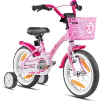 Prometheus Mädchenfahrrad 14 Zoll in Rosa Lila & Weiß mit Stützräder | Aluminium Seitenzugbremse und Rücktrittbremse | inkl. Sicherheitspaket | ab 4 Jahre | 14“ Kinderfahrrad Classic Edition 2018