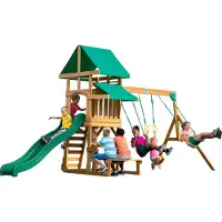 Backyard Discovery Spielturm Belmont aus Holz | XXL Spielhaus für Kinder mit Rutsche, Schaukel, Trapezstange, Sandkasten und Picknicktisch | Stelzenhaus für den Garten