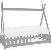 ML-Design Kinderbett Tipi 80x160 cm mit Matratze, Rausfallschutz und Lattenrost, aus Kiefernholz, Hellgrau, Hausbett mit Zaun Bodenbett Holzbett