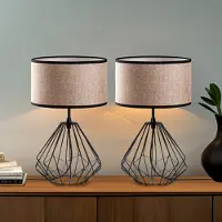 Opviq , Hochwertiges Tischlampen-Set (2 Stück), Schwarz, 25 x 25 x 43 cm | Metallkörper, Stoffschirm, 200 cm Kabel, E27 Fassung, IP20 | Perfekt für modernes Wohnen und Industrie-Design.