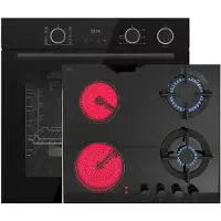 Böhme Herdsets HB60F78DL Schwarz Glas mit Heißluft AirFry sowie Dampfunterstützung + Gasline Hybrid Kombi Glas Gas Elektro 60cm Kochfeld Erdgas/LPG