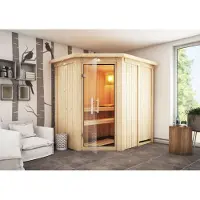 Karibu Sauna Innensauna Saja Eckeinstieg ohne Zubehör 210x165x202 cm mit Dachkranz mit Klarglastür