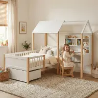 LVHOM Hausbett 90x200cm mit Schublade, Kinderbett mit Schreibtisch L-Form und Bücherregal, Kinderbett mit Lattenrost und Rausfallschutz, Holzbett