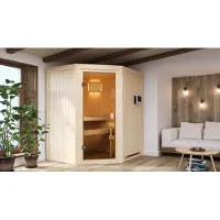 Karibu Sauna Innensauna Faurin Eckeinstieg Ofen 9 KW externe Strg easy 170x151x198 cm ohne Dachkranz