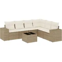 vidaXL 7-tlg. Garten-Sofagarnitur mit Kissen Beige Poly Rattan
