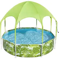 Bestway Steel Pro Frame Pool mit Sonnenschutzdach "Splash-in-Shade" ohne Pumpe Ø 244 x 51 cm, grünes Blätter-Design, rund