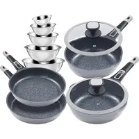King Pfannen-Set "Moonscape" Aluminiumguss Set, je 1 Bratpfanne Ø 24/24/28/28cm, H: 5/7,5/5,5/8,5cm, - 1,9/2,8/2,5/4 l, 11 Stk. tlg. Induktion, Moonscape-Beschichtung,inkl. 5 Schüsseln