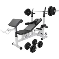 Gorilla Sports Kraftstation mit Gewichten - 170cm Stange, 70kg Hantelset, Beincurler, Butterfly, Dip-station, Curlpult, Weiß