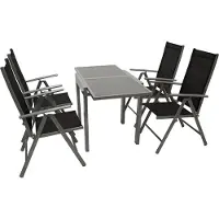 Degamo Gartenset Balkongarnitur Gartengarnitur AMALFI 5-teilig, 4x Klappsessel 8-fach verstellbar Aluminium + Kunstgewebe schwarz, Ausziehtisch 65/130x65cm Aluminium + Glas grau