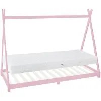ML-Design Kinderbett Tipi 90x200 cm mit Matratze & Lattenrost, Rosa, Indianer Bett aus Kiefernholz Bodenbett Holzbett