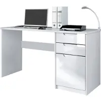 Vladon Schreibtisch Logan, Germany, Bürotisch mit 2 Schubladen und 1 Tür, Weiß matt/Weiß Hochglanz (129 x 76 x 60 cm)