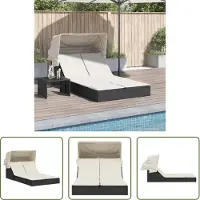 The Living Store Doppel-Sonnenliege mit Dach und Auflagen Schwarz Poly Rattan