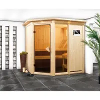 Karibu Sauna Innensauna Fiona 1 Eckeinstieg Ofen 9 kW integr. Strg 196x151x198 cm ohne Dachkranz