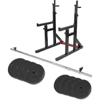 Gorilla Sports Squat Rack - mit 30 kg Langhantel Set, bis 300 kg belastbar, Höhenverstellbar, mit Dip-Griffen - Langhantelablage, Langhantelständer, Hantelständer, Multifunktional Kniebeugenständer
