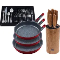 King 5tlg. Profi-Bratpfannenset »Moonscape 3er« ROT Bratpfannen flach (Ø20cm Ø24cm Ø28cm) + 6tlg. Messerblockset + 31tlg. Besteck