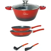 Cheffinger 6 tlg Kochgeschirr Kochtopf Set Topf Pfanne Küchenhelfer Deckel Induktion Rot