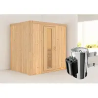 Karibu Sauna Innensauna Fanja Fronteinstieg Ofen 3,6 kW intgr. Strg 196x151x198 cm ohne Dachkranz mit Energiespartür