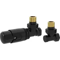 LuxeBath Thermostatventil + Rücklaufverschraubung Schwarz, Heizkörperventil Komplett-Set, Thermostatkopf 1/2" Eckform, Heizungsventil