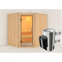 Karibu Sauna Innensauna Lilja Eckeinstieg Ofen 3,6 kW intgr. Strg 196x170x198 cm ohne Dachkranz mit Klarglastür