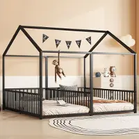 Aiorber Kinderbett, 90x200 cm, Hausmodellbau, Doppelbett Design, Sicheres Geländer, verstärkter Metallrahmen, Eisenrahmen, Metallbett, Schwarz