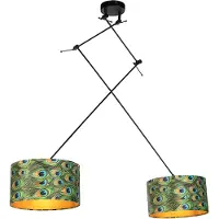 QAZQA - Klassisch I Antik Hängelampe I Pendellampe I Pendelleuchte mit Samtschirmen Pfau mit Gold I Messing 35 cm - Blitz II schwarzI 2-flammig I Wohnzimmer I Schlafzimmer - Textil Zylinder I Länglich