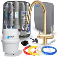 ARI Wasserfilter Set RO7 Slim mit 3-Wege Küchenarmatur Slender, 7-stufige Osmoseanlage, Brushed Gold